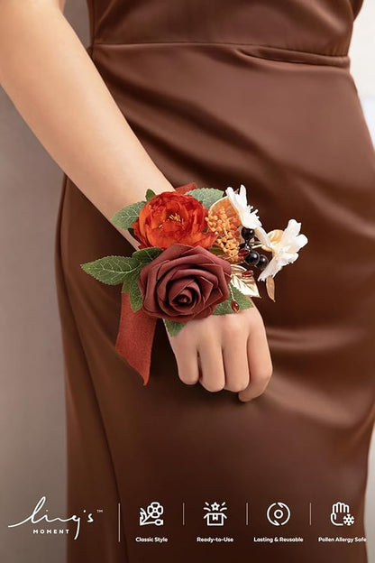 Ling's moment 6pcs Wedding Wrist Corsage Artificial Flowers, Girl/Mother Homecoming Prom Corsages Wristlet Décor, etc. Burnt Orange Terracotta