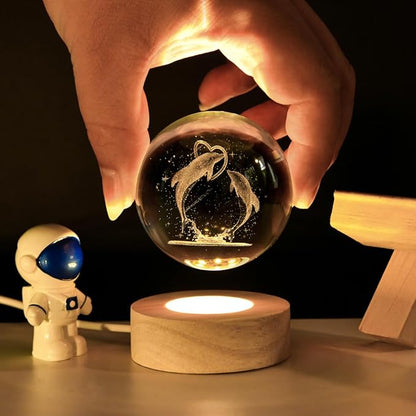 3D Laser Engraved Dolphin Crystal Ball, Romantic Dolphin & Heart LED Night Light, 60mm Sea Animal Figurines Decor Glass Sphere Lamp Gifts for Women Kids Mom