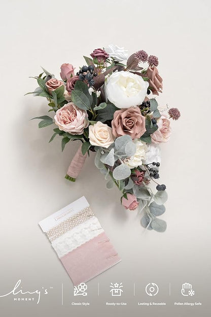 Ling's moment Pink Wedding Bouquets for Bride, Dusty Rose and Mauve Bridal Bouquets for Bride, 15 Inch Free Form Artificial Wedding Flowers Bouquets