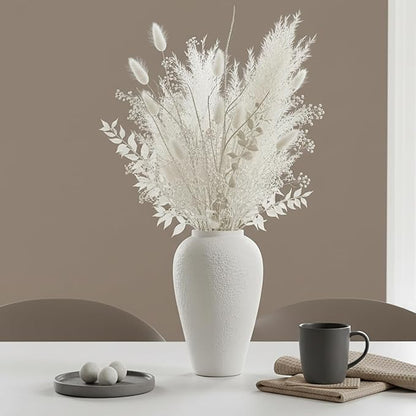 Vintage Ceramic Vase, Minimalist Texture Stone Patterned White Flower Vase, Decorative Vase for Living Room Shelf Farmhouse Dining Table Centerpiece Decor (White Texture 10.4'')