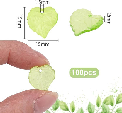 PH PandaHall 100pcs Green Flower Beads, Transparent Leaf Bead Charms, 15x15x2mm Frosted Leaves Pendants with 1.5mm Hole for DIY Earrings Pendants Bracelets Jewelry Making Spring Crafts Decor