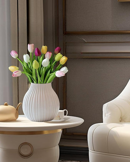 12pcs Tulips Artificial Flowers Real Touch Silk Faux Flowers Tulip Stems for Wedding Spring Bouquet Floral Arrangement Home Party Office Decorations (White Pink Yellow Green)