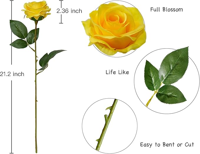 DuHouse 10pcs Fake Roses Artificial Silk Flowers Faux Rose Flower Long Stems Bouquet for Arrangement Wedding Centerpiece Party Home Kitchen Decor(Pure Yellow)