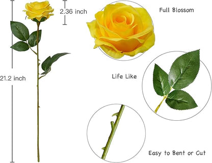 DuHouse 10pcs Fake Roses Artificial Silk Flowers Faux Rose Flower Long Stems Bouquet for Arrangement Wedding Centerpiece Party Home Kitchen Decor(Pure Yellow)