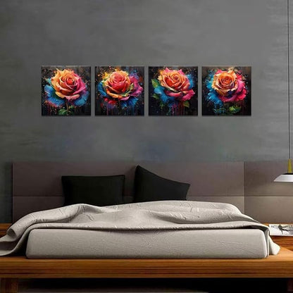 Pankila Colorful Rose Wall Art Floral Pictures Canvas Prints Abstract Rose Flower Wall Decor for Living Room Bedroom Bathroom Home Decorations Framed Artwork Ready to Hang (16''W x 16''H x 4)