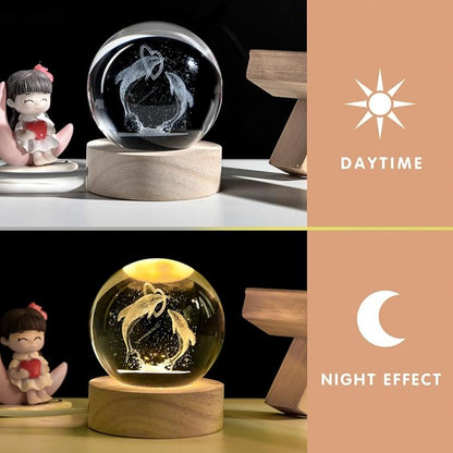 3D Laser Engraved Dolphin Crystal Ball, Romantic Dolphin & Heart LED Night Light, 60mm Sea Animal Figurines Decor Glass Sphere Lamp Gifts for Women Kids Mom