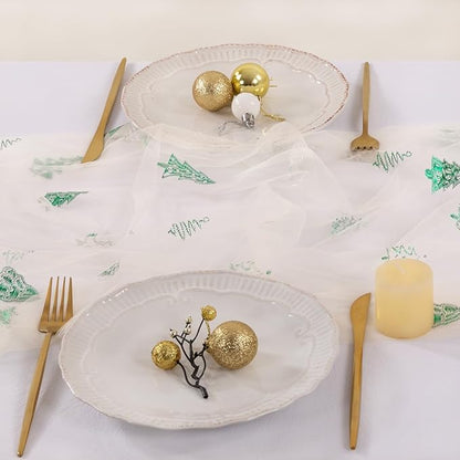 Socomi Christmas Tree Table Runner Gold Gauze Sheer Chiffon Cheesecloth Sequin 10FT Glitter Metallic Foil Dining Wedding Birthday Party Winter Holiday Centerpiece Table Decor 3pcs Beige