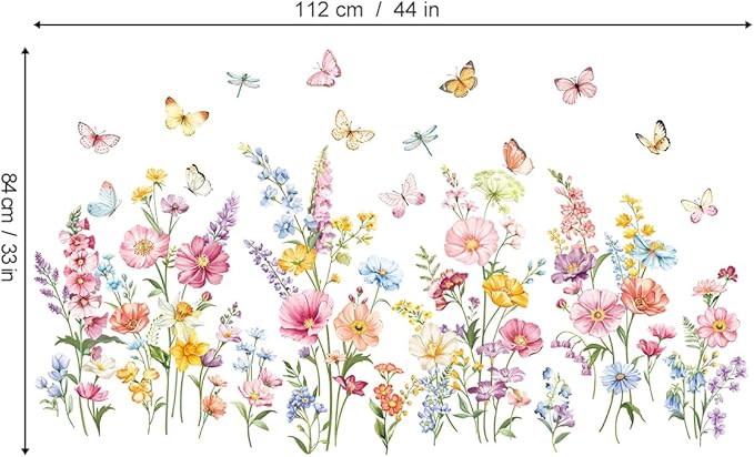 decalmile Flower Wall Decals Daisy Wildflower Grass Butterflies Wall Stickers Girls Bedroom Living Room Home Office Wall Decor