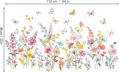 decalmile Flower Wall Decals Daisy Wildflower Grass Butterflies Wall Stickers Girls Bedroom Living Room Home Office Wall Decor