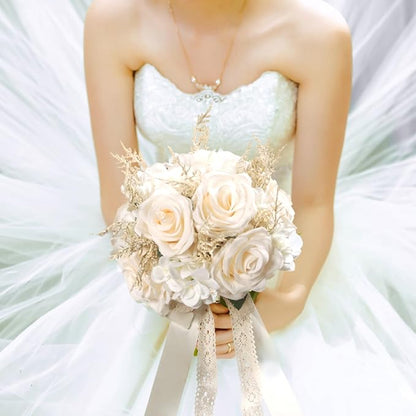 Wedding Bouquets for Bride, Champagne White Bridal Bridesmaid Wedding Flowers, Artificial Toss Rose for Civil Ceremony (Hollow Lace Ribbon Handle)