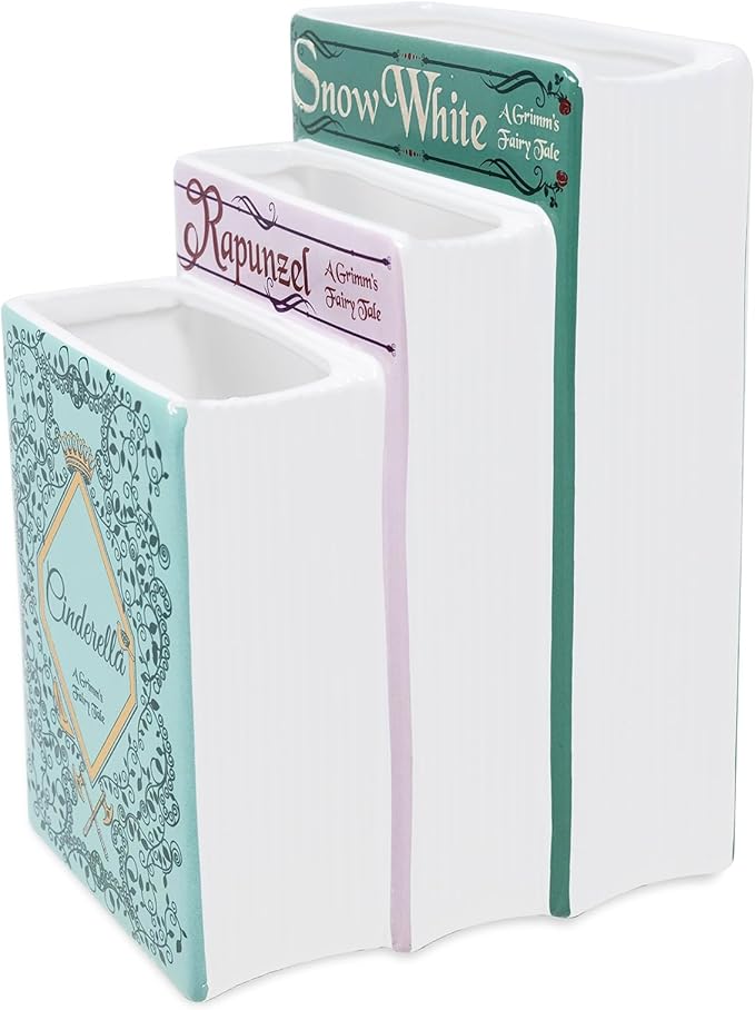 Steel Mill & Co Original Triple Book-Shaped Decorative Vase, Tiered Ceramic Bookshelf Decor, Unique Flower Holder for Book Lovers, Grimm's Fairy Tales