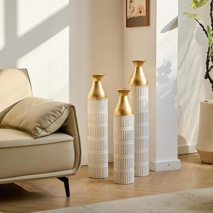 Floor Oversized Gold Metal Decorative Vase with 3D Triangle Pattern Set of 3 Large Vases for Home Living Room 33.5 ", 29.5 ", 25.2" High (Retro White)