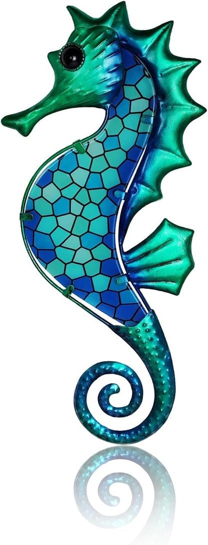 LIFFY Metal Seahorse Wall Art Mosaic Glass Ocean Wall Decor Coastal Sculpture Hanging Decoration for Home Garden Fence Pool Beach Bathroom