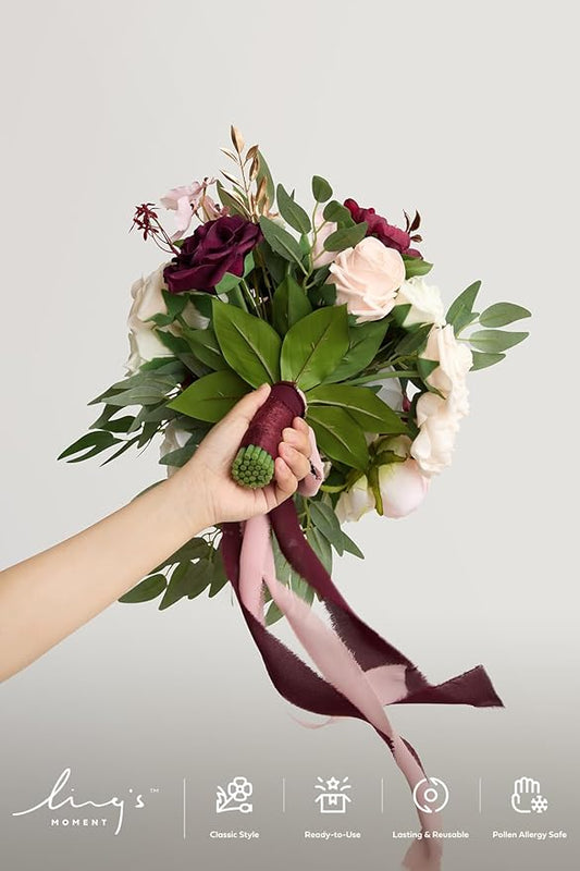 Ling's moment Burgundy Bridal Bouquet for Bride, 13 Inch Romantic Marsala Wedding Bouquets for Bride, Silk Round Artificial Wedding Flowers Bouquets