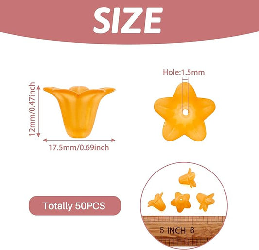 Crafans 50Pcs Frosted Acrylic Flower Beads 17.5x12x1.5mm Transparent Floral Pendants Clear Flower Bead Caps Loose End Spacer Beads for Jewelry Making (Orange)