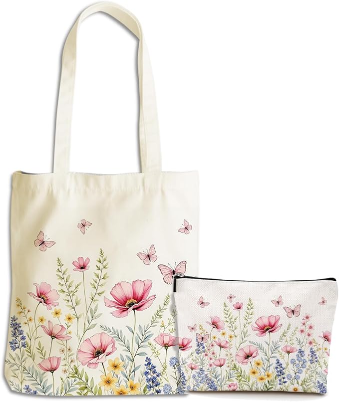 Flower Plant Lover Gifts for Women Canvas Tote Bag with Makeup Bag Cosmetic Bags Grocery Bags for Shopping Christmas