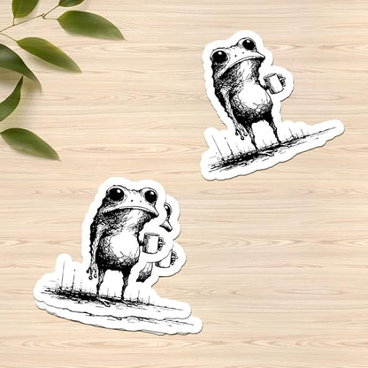 HANDICHI Design 5-Pack 2 Inch Funny Coffee Frog Stickers – Grunge Meme Vinyl Decals – Tired Frog Holding Coffee Cup Aesthetic Sticker Pack for Laptops, Water Bottles, Journals, and Scrapbooks