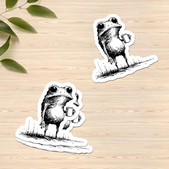 HANDICHI Design 5-Pack 4 Inch Funny Coffee Frog Stickers – Grunge Meme Vinyl Decals – Tired Frog Holding Coffee Cup Aesthetic Sticker Pack for Laptops, Water Bottles, Journals, and Scrapbooks