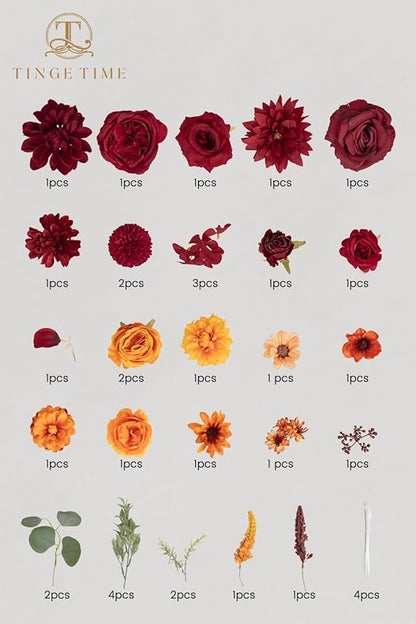 TINGE TIME Silk Fake Flowers Combo, Fake Foam Dahlia with Stems for DIY Wedding Bouquets Centerpieces Baby Shower Party Home Decorations(Burgundy & Burnt Orange)