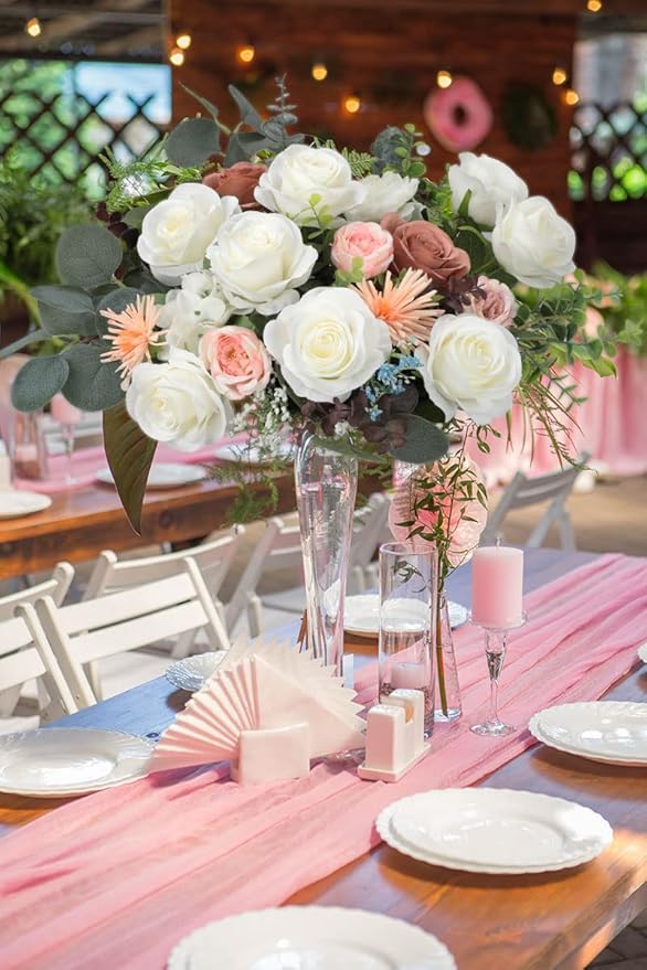 50pcs Roses Artificial Flowers Ivory Silk Roses with Long Stems Fake Flowers for Wedding Bouquet Centerpices Decorations Party Bridal Baby Shower Home Decor