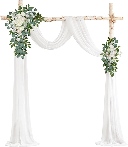 Ponatia Artificial Wedding Arch Flowers Kit (Pack of 3) With 26Ft Shiny Arch Draping Fabric, Arches for Ceremony, Decorations for Reception (White)