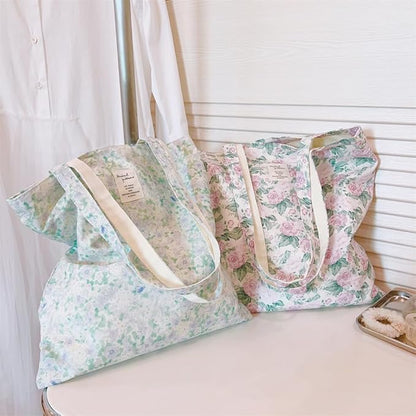 Cotton Canvas Tote Bag Reusable Soft Grocery Cloth Bag Floral Shoulder Bag for Beach Travel Shopping