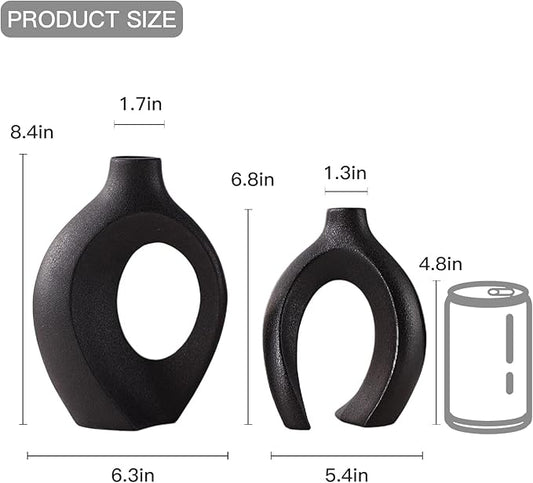 Black Vases Home Decor Set of 2, Ceramic Black Small Flower Vase, Minimalist Boho Decorative Modern Donut Vase for Farmhouse Living Dining Room Office Entryway Bookshelf Coffee Table Décor