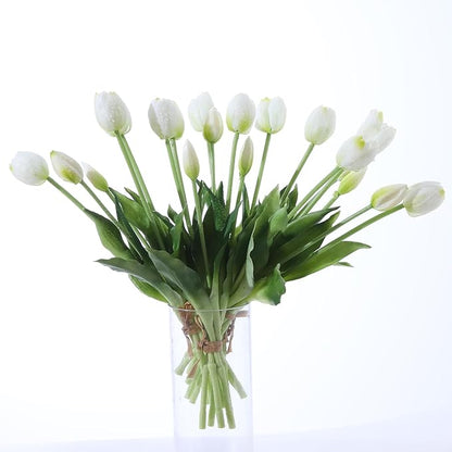 10PCS White Fake Tulips Artificial Flowers Real Touch Latex Faux Tulips UV Resistant Fake Flowers Bouquet for Table Home Decor Party Wedding Garden Decoration
