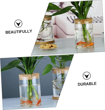 VILLCASE 2pcs Wood Art Glass Vase with Cork Stopper for Hydroponic Plants Decorative Flower Pot for Indoor Greenery Minimalist Plant Vase for Home and Office Decor