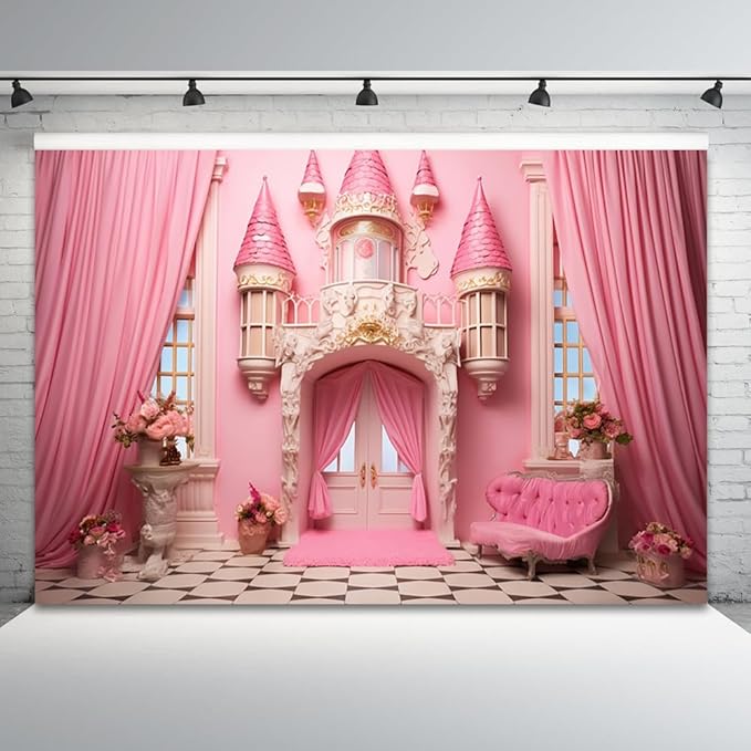 5x4ft Pink Castle Backdrop Room Door Curtain Photography Background Flowers Vases Sofa Princess Girl Birthday Banner Decorations Newborn Baby Shower Wedding Party Portrait Photo Booth Prop