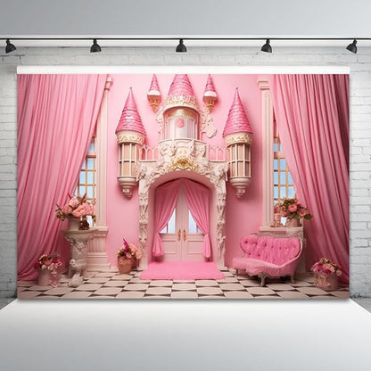 6x4ft Pink Castle Backdrop Room Door Curtain Photography Background Flowers Vases Sofa Princess Girl Birthday Banner Decorations Newborn Baby Shower Wedding Party Portrait Photo Booth Prop