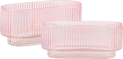 Ribbed Glass Vases, Small Vases for Flowers Set of 2, Pink Glass Vases, Vases for Centerpieces, Bud Vases, Rectangle Vases for Living Room, Bedroom, Kitchen, Dining Table, Shelf, Wedding
