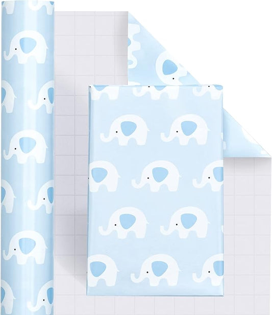 WRAPAHOLIC 30 Inch Baby Shower Wrapping Paper Roll - Cute Baby Blue Elephant Design for Baby Shower, Birthday, Holiday, Party - 30 Inch x 33 Feet