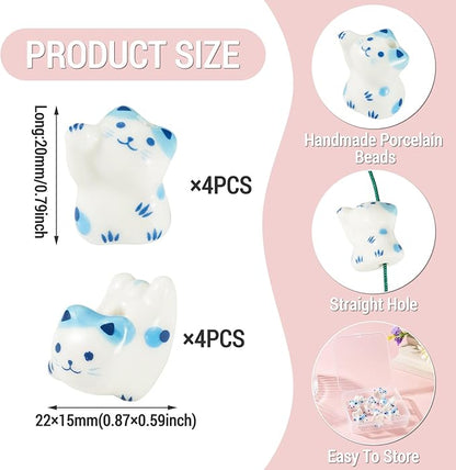 Beadthoven 8Pcs Lucky Cat Porcelain Beads 3D Blue White Handmade Craft Beads Animal Ceramic Cat Printed Ceramic Spacers with Hole for DIY Necklace Bracelet Keychain Craft Jewelry Making Supplies