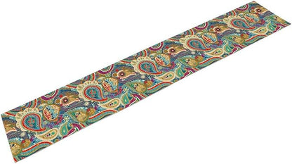 Boho Paisley Table Runner, Colorful Indian Mandala Floral Golden Aeccent Bohemian Style Table Runnner for Kitchen Dining Holiday Party Decoration, 13x120 Inch