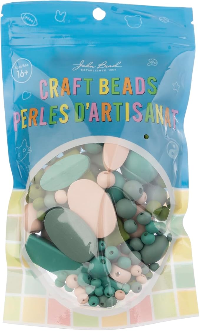 John Bead 90g Craft Beads Dark Green/Light Peach/Grey/Green Wood Beads with Elastic Nylon Cord