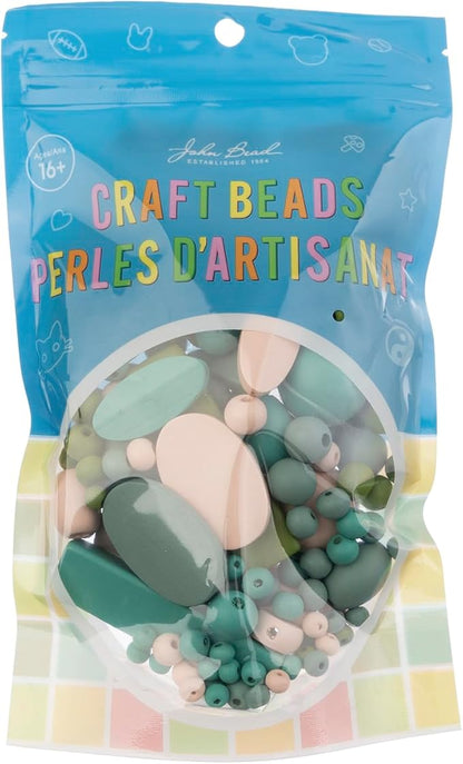 John Bead 90g Craft Beads Dark Green/Light Peach/Grey/Green Wood Beads with Elastic Nylon Cord