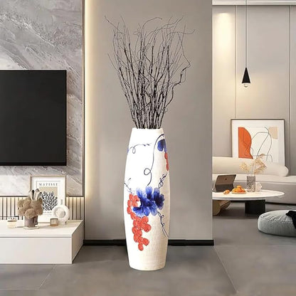 Tall White Floor Vase 32 inches, Thick Ceramic Rustic Vases Large for Home Decor Living Room, Painting Blue Grape Decorative Vases Wide Mouth Opening Corner Vase for Pampas Grass