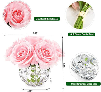 7 Large Stem Rose Artificial Flowers in Vase, Silk Flowers Arrangement in Round Glass Vase Without Water for Home Decor, Wedding Table (Pink)