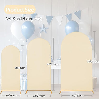 WEERRW Wedding Arch Cover Beige Spandex Fitted Set of 3 Balloon Arch Stand Covers Round Top Chiara Stretchy Backdrop for Birthday Party Baby Shower Banquet Decoration (6FT, 6.6FT, 7.2FT)