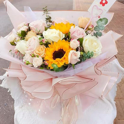 Jutieuo 20 Sheets Pink Flower Wrapping Paper, Waterproof Floral Wrap Gold Edge Bouquet Wrapping Paper Florist Supplies (22.8 x 22.8 inch)