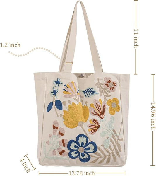 Aesthetic Embroidery Tote Bag for Lady Cute Reusable Canvas Shoulder Bag for Girls Women Shopping Grocery