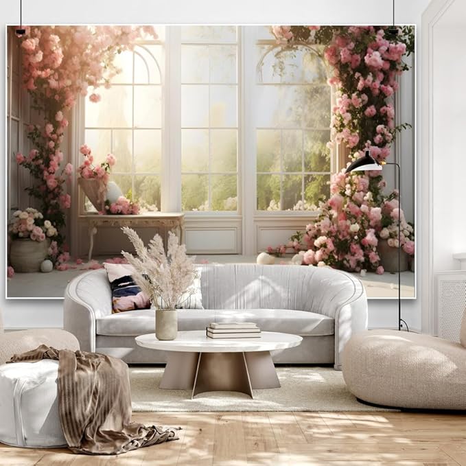 10x5ft Bridal Floral Backdrop for Wedding Pink Rose Window Scenery Green Leaves Elegant Photography Background for Valentine's Day Bridal Shower Birthday Spring Party Women Girls Portraits