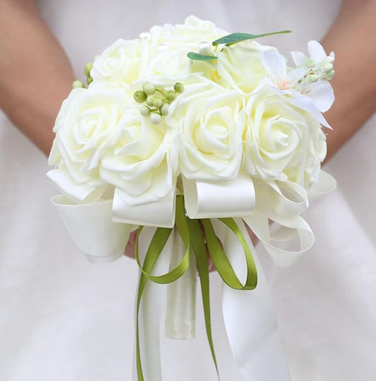 Lightweight Bridal Wedding Bouquet Round Holding Bouquet Throw Toss Artificial Rose Flower Bunch for Bride Bridesmaid Wedding Quinceanera (Cream, 7.9")