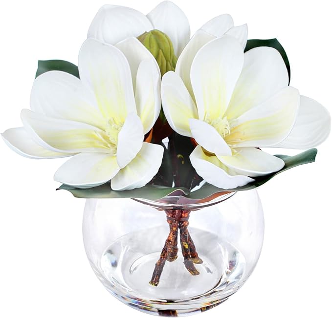 Artificial Magnolia Flower in Glass Vase, Fake Flowers with Faux Water for Realistic Look, Small Potted Plant for Home Desk, Bathroom, Office Shelf Table Centerpiece Decor(White)