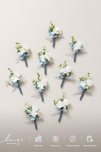 Ling's Moment Boutonniere for Men, 10pcs Groomsmen Guest Boutonniere, Artificial Flowers for Wedding Décor/Prom/Homecoming,etc.Blue