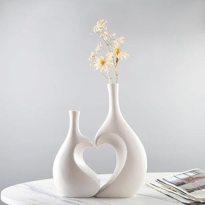 White Ceramic Vase Set of 2,Heart Shaped vase, Matte Frosted Texture Finish,Farmhouse Decor, Home Decor, Vases for Your Bedroom, Office, Living Room, Bathroom (White)