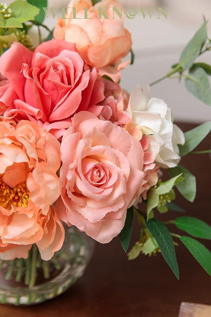 Artificial Flowers in Vase with Fake Water, Silk Peony Rose Flowers Bouquet with Glass Vase for Thanksgiving Party Birthday Wedding Dinning Table Centerpieces Office Decor & Gift (Coral & Peach Plus)