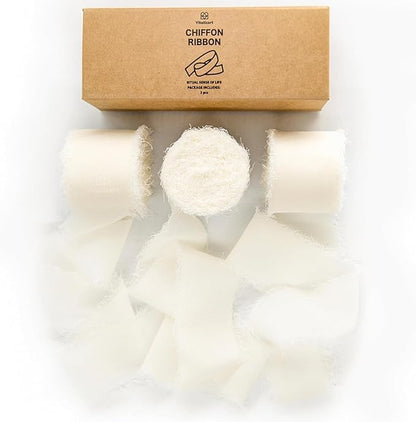 Vitalizart Cream White Handmade Chiffon Silk Ribbon Fringe 3 Rolls 1.5" x 21 Yd Ivory Frayed Edges Ribbons for Wedding Invitations Bridal Bouquets Gifts Wrapping Crafts Holiday Decor