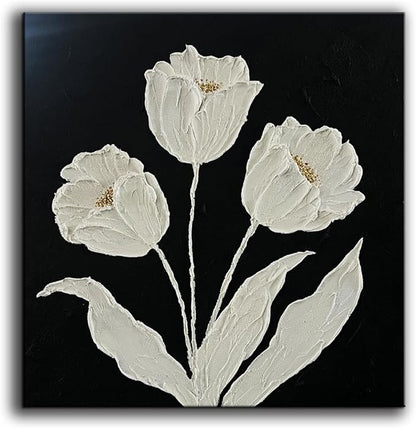 YaSheng Art-Wall Art for Living Room 100% Hand-Painted Flower Oil Painting On Canvas Black and White Thick Texture Minimalist modern Art Gallery Wrapped Framed Floral tulip Blossom Artwork for Home Bedroom 24x24inch